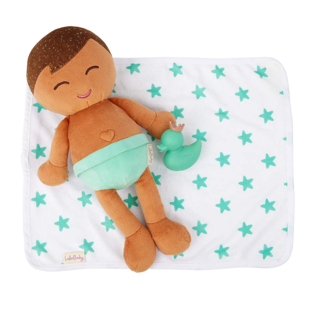 Lullababy badpop jongen 35 cm met handdoek en badeendje